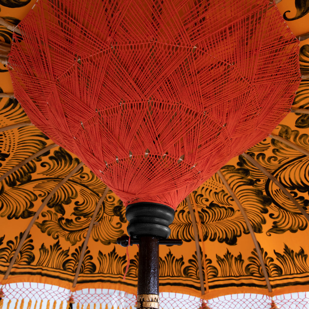 Augusta Round Bamboo Parasol Red Threading with Black Lotus Design