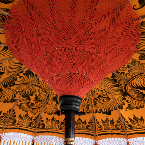 Augusta Round Bamboo Parasol with Yellow tassels and hand painted black lotus design 