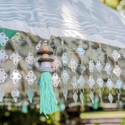 Cher Bamboo Parasol with silver and turquoise tassels