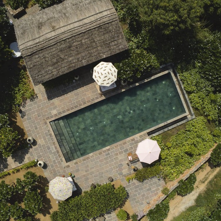 Pink Aretha Octagonal Parasol aerial image over parasols by the pool