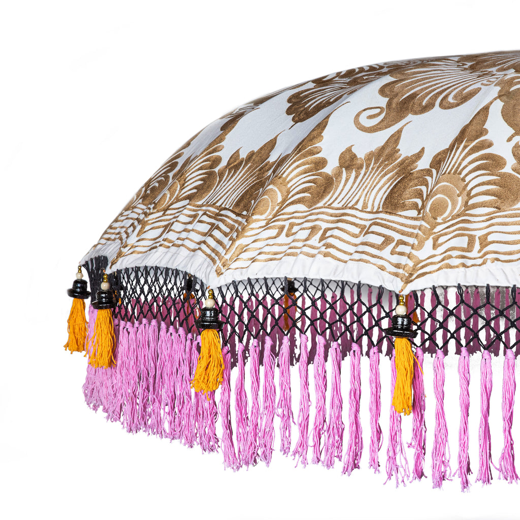 Helena Bamboo Parasol with hand painted gold lotus detail with pink and orange tassels - Side Image