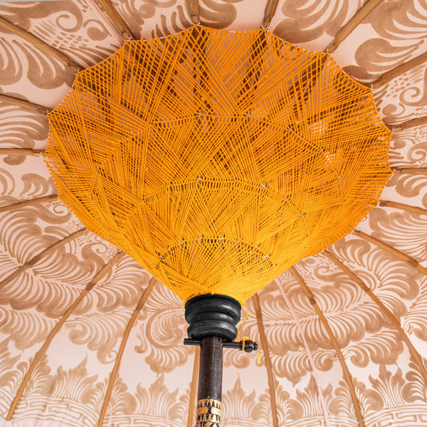 Helena Bamboo Parasol with hand painted gold lotus detail with pink and orange tassels