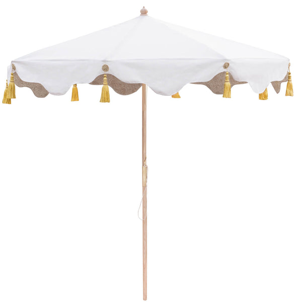 Liberace Octagonal Parasol with white canopy and gold tassels