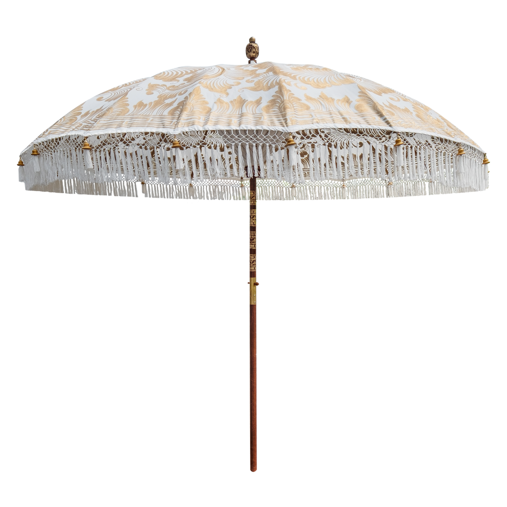 white and gold hand made garden umbrella balinese