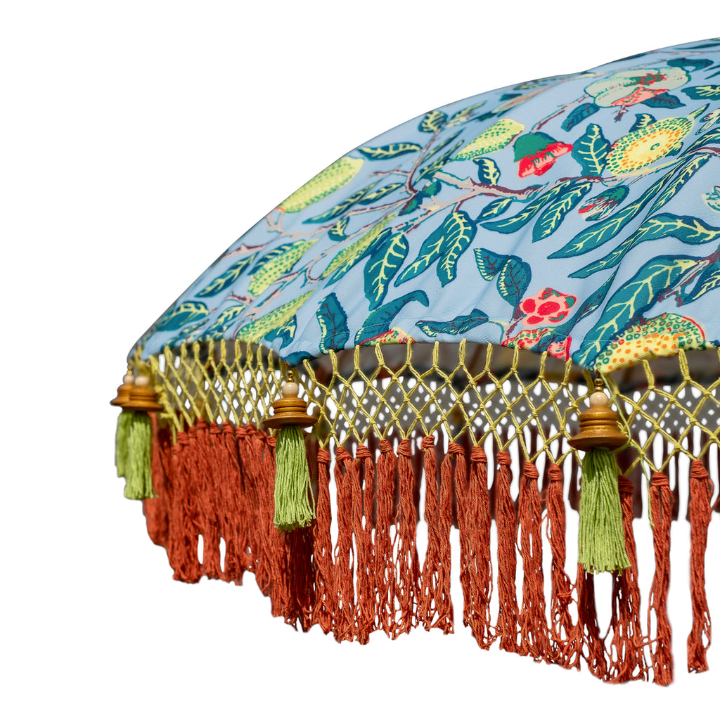 East London Parasol Company Bali Bamboo 2m garden umbrella. William Morris pattern. Handmade with fringing and tassels in shades of orange and green