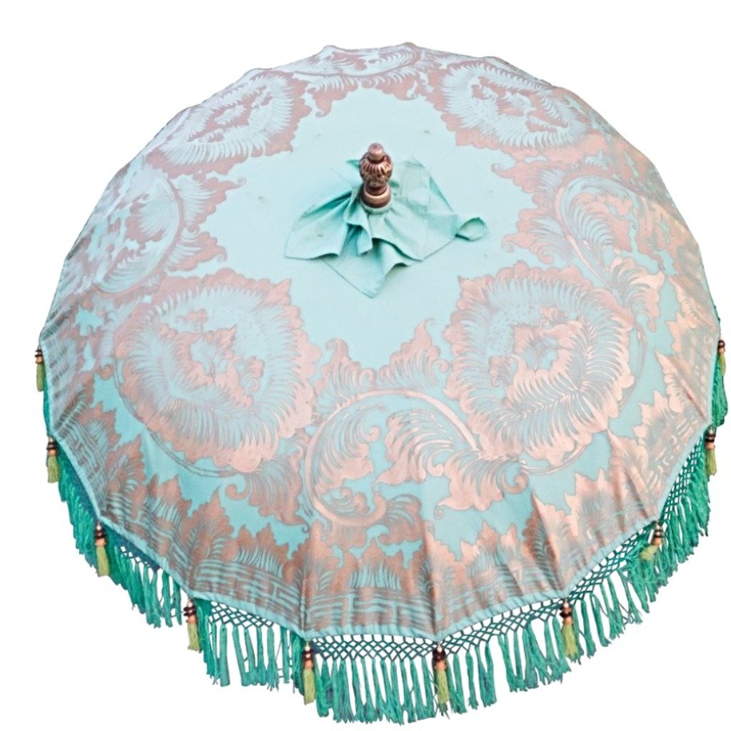 Tracy parasol garden umbrella or parasol for east london parasol company. Handmade in Bali. Colours are green, gold and blue with carved wood.