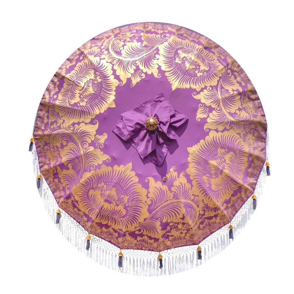 East London Parasol Company Bali Bamboo 2m garden umbrella. purple and gold. Handmade and handpainted with fringing and tassels in shades of white