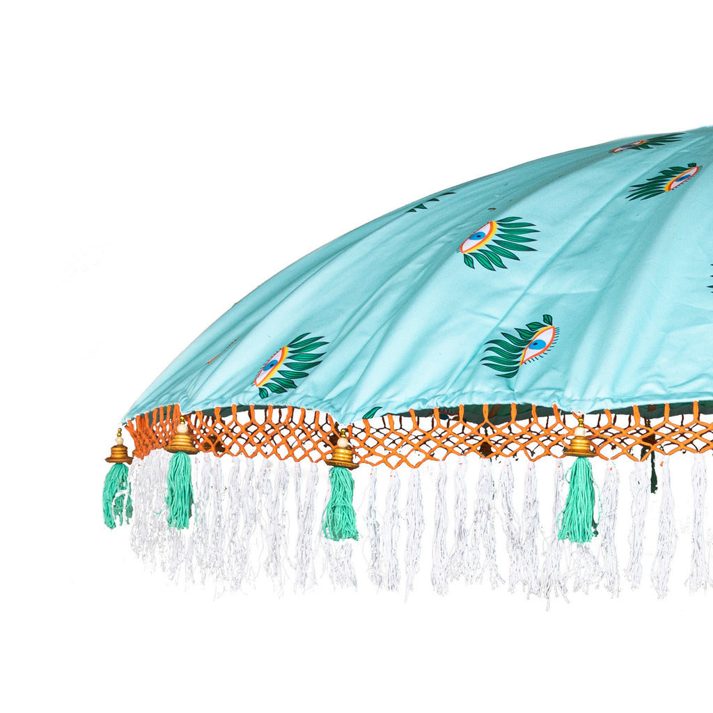 Catherine Round Bamboo Parasol Side Image with turquoise tassels