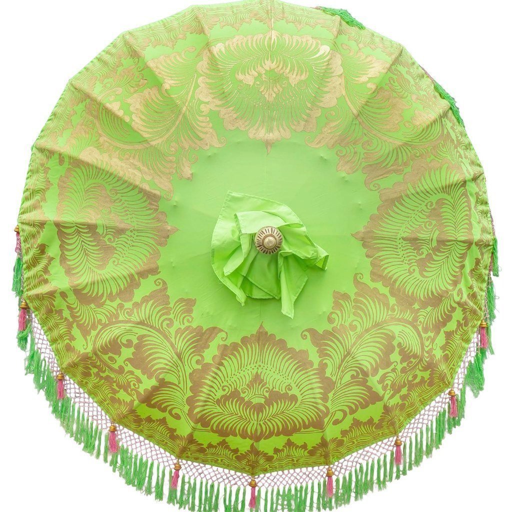 East London Parasol Company Bali Bamboo 2m garden umbrella. Jane- lime green and gold with pink and green tassels. Handmade and handpainted.