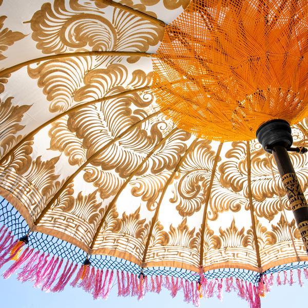 Helena Bamboo Parasol Inside Image showing tassels and orange threading