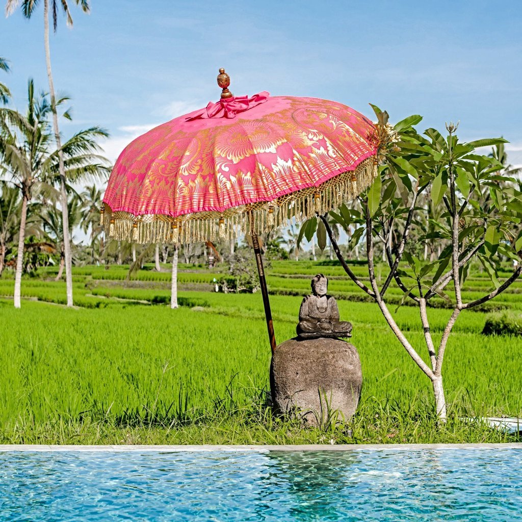 Balinese umbrella parasol pink gold bamboo - East London Parasol Company Inc