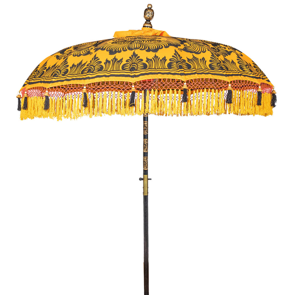 Augusta Round Bamboo Parasol with Yellow tassels and hand painted black lotus design 