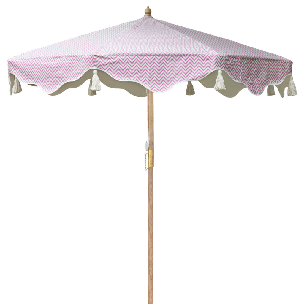 Pink Aretha Octagonal Parasol showing pink zig zap pattern on canopy