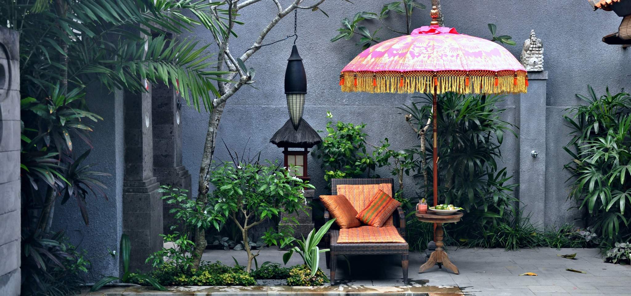 Bali garden parasol pink orange and gold whitney